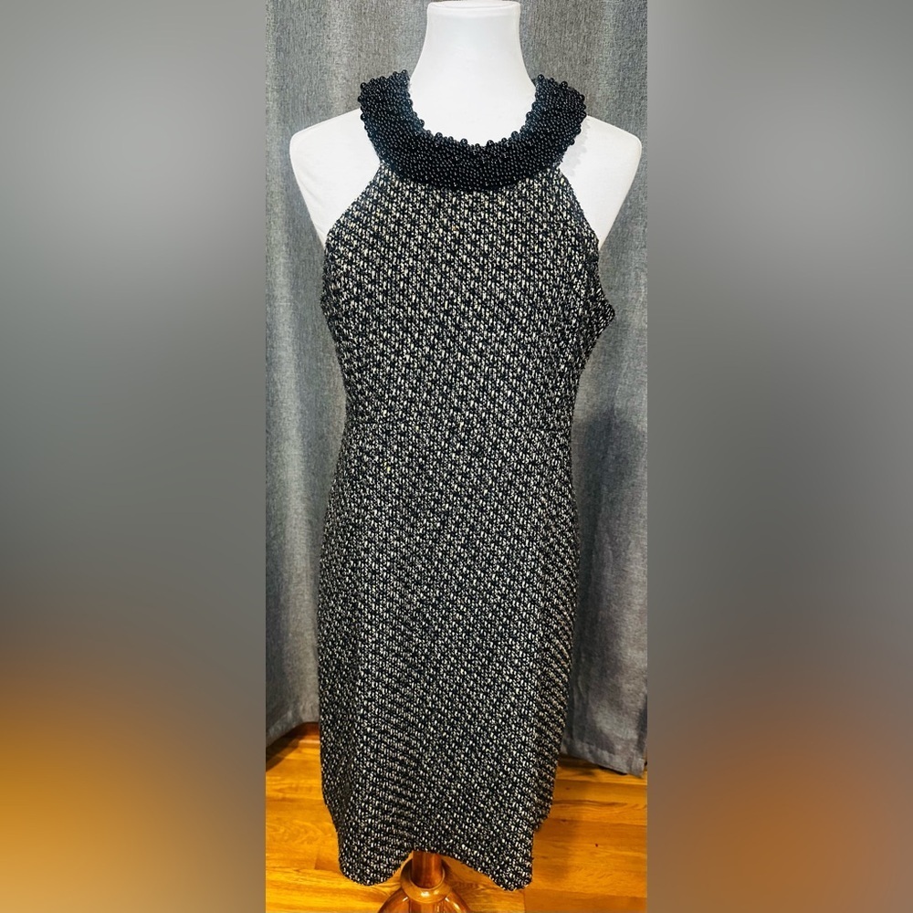 INC International Concepts Black and Gold Tweed Dress with Beaded Collar